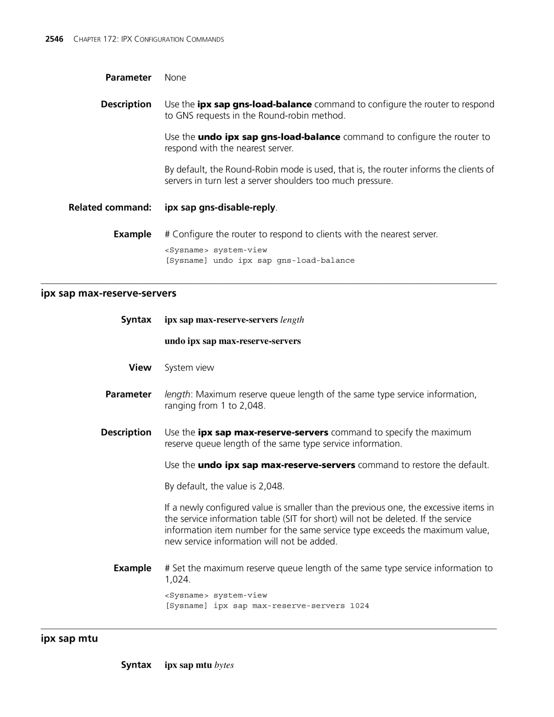 3Com MSR 30 Ipx sap max-reserve-servers, Ipx sap mtu, Related command ipx sap gns-disable-reply, Syntax ipx sap mtu bytes 