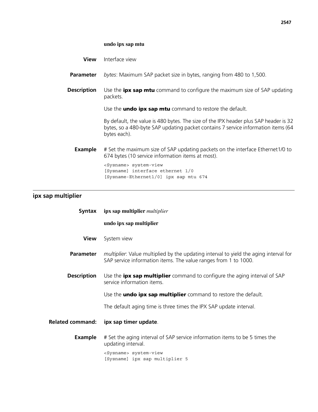 3Com MSR 50, MSR 30 manual Ipx sap multiplier, Undo ipx sap mtu, Related command ipx sap timer update, 2547 