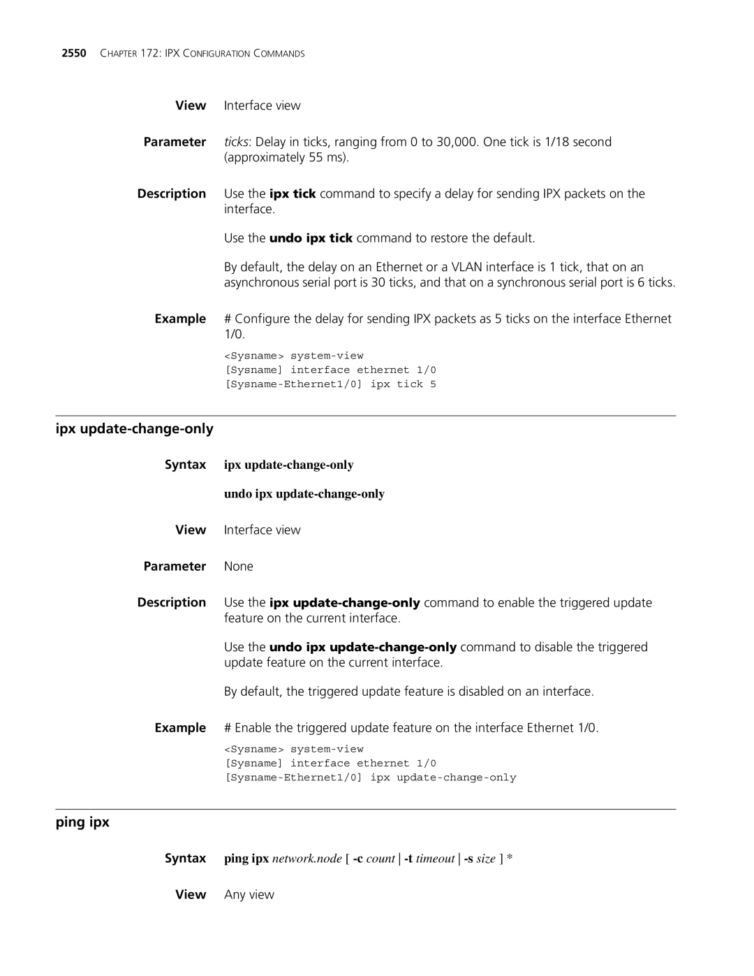 3Com MSR 30, MSR 50 manual Ipx update-change-only, Ping ipx, Syntax ipx update-change-only Undo ipx update-change-only 