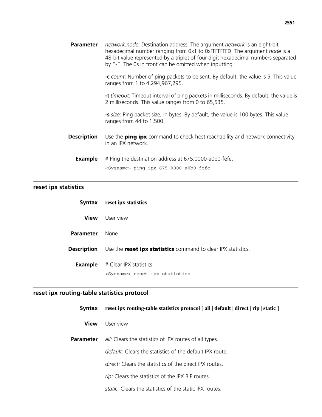 3Com MSR 50, MSR 30 Reset ipx statistics, Reset ipx routing-table statistics protocol, Syntax reset ipx statistics, 2551 