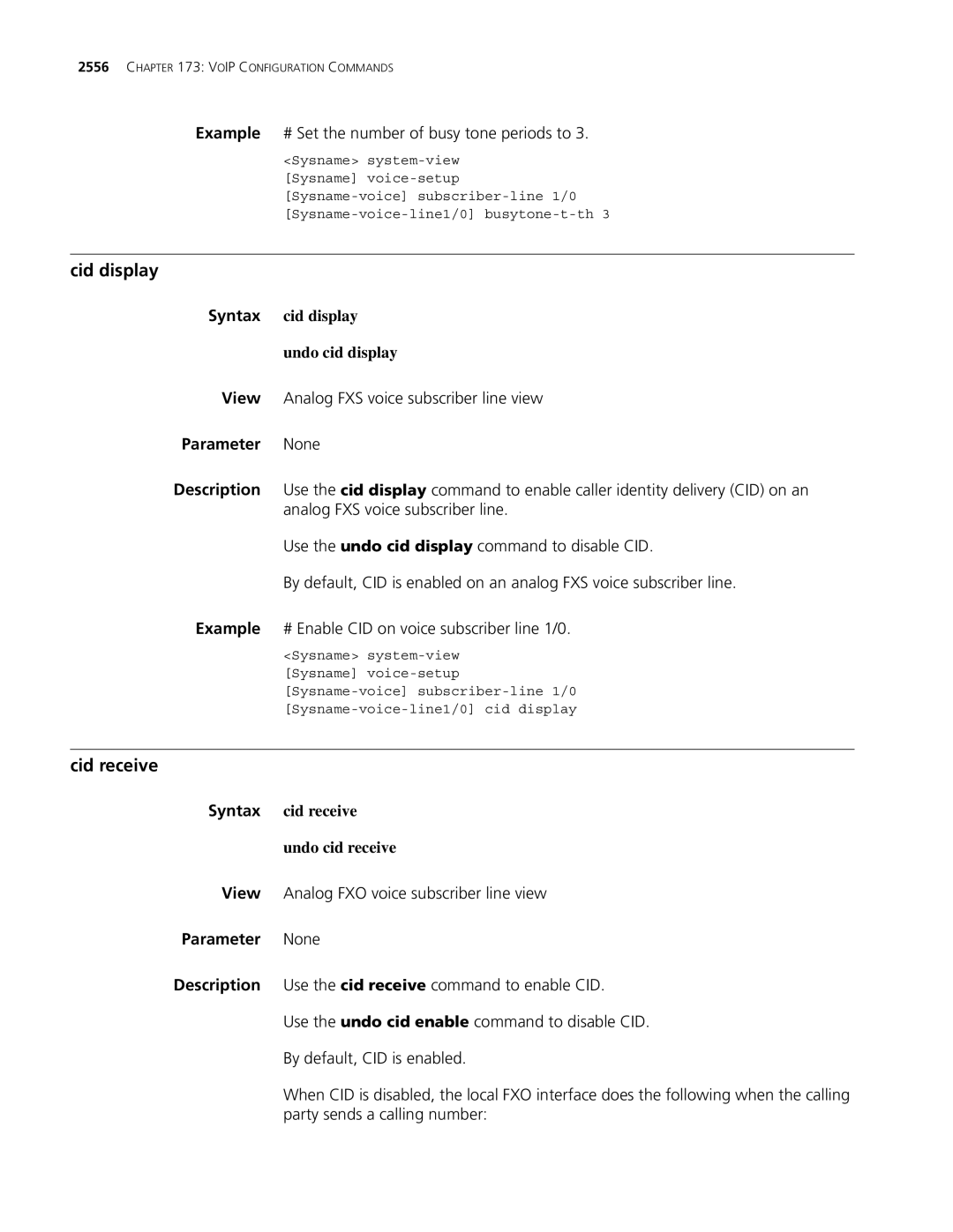 3Com MSR 30, MSR 50 Cid display, Cid receive, Syntax cid display Undo cid display, Syntax cid receive Undo cid receive 