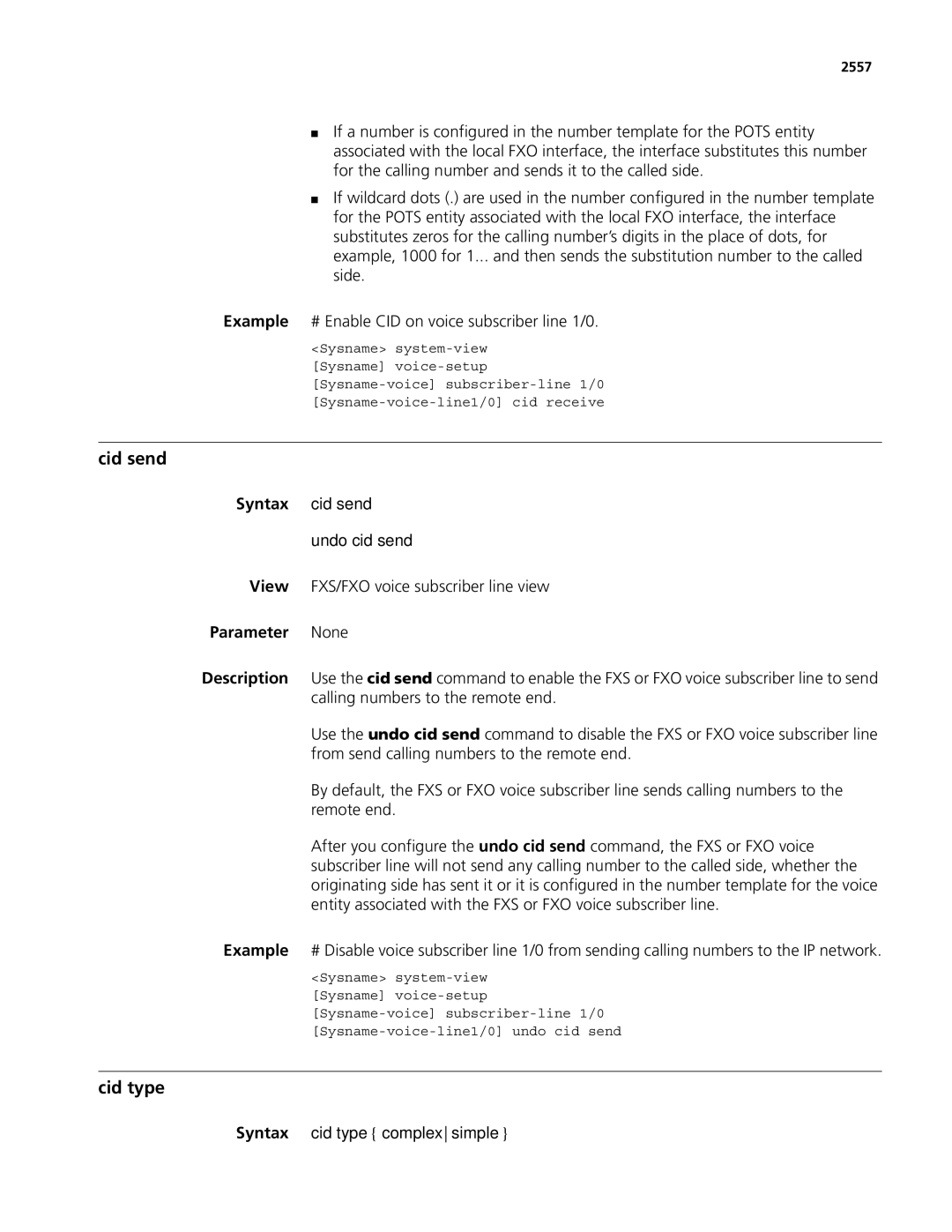 3Com MSR 50, MSR 30 manual Cid send, Cid type, Syntax cid send Undo cid send, View FXS/FXO voice subscriber line view 