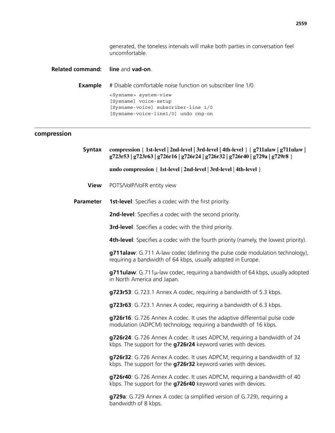 3Com MSR 50, MSR 30 manual Compression, Related command line and vad-on, View POTS/VoIP/VoFR entity view, 2559 