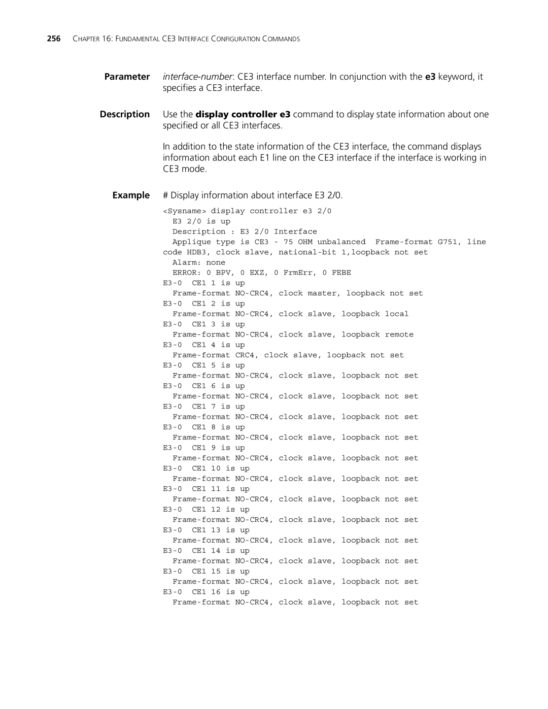 3Com MSR 30, MSR 50 manual Fundamental CE3 Interface Configuration Commands 