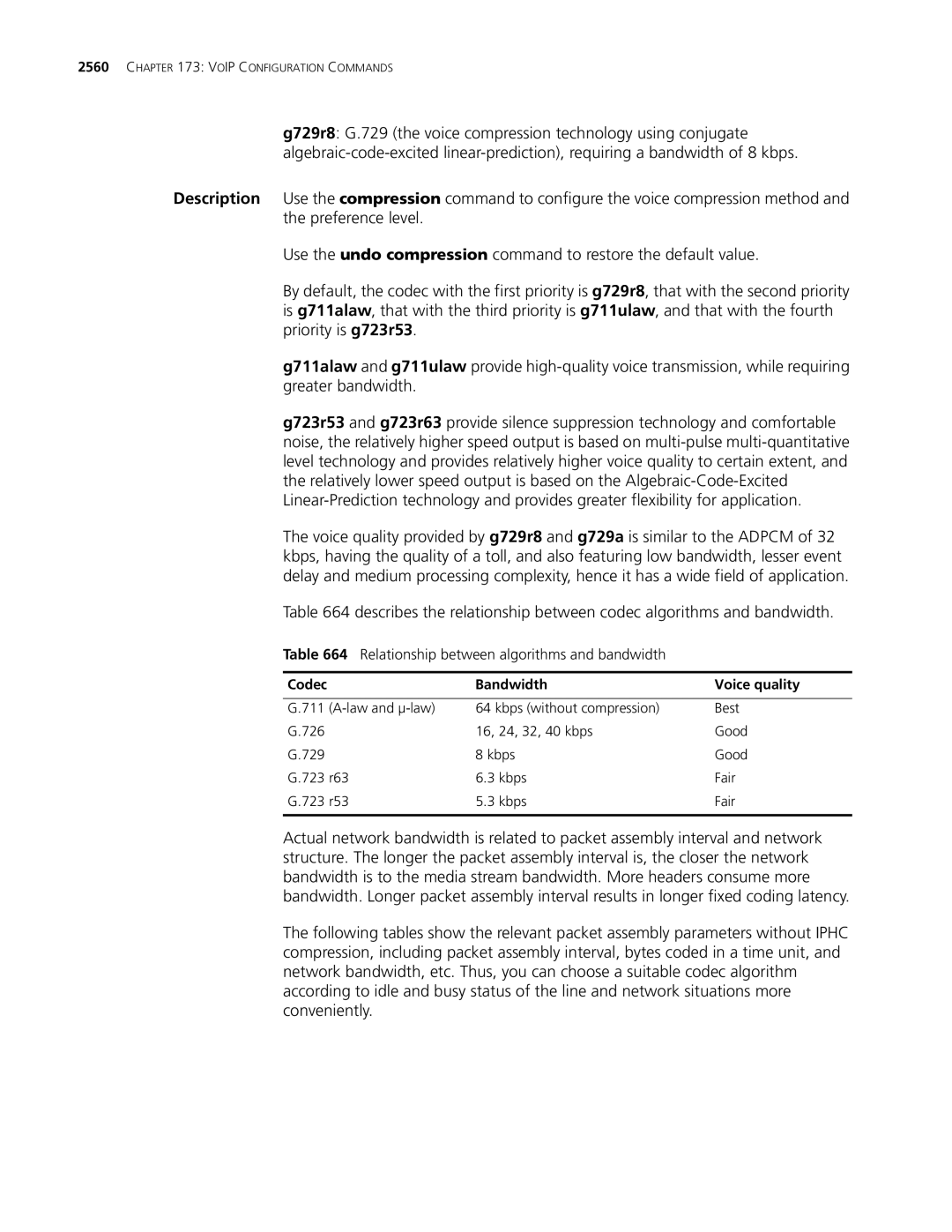 3Com MSR 30, MSR 50 manual Relationship between algorithms and bandwidth, Codec Bandwidth Voice quality 