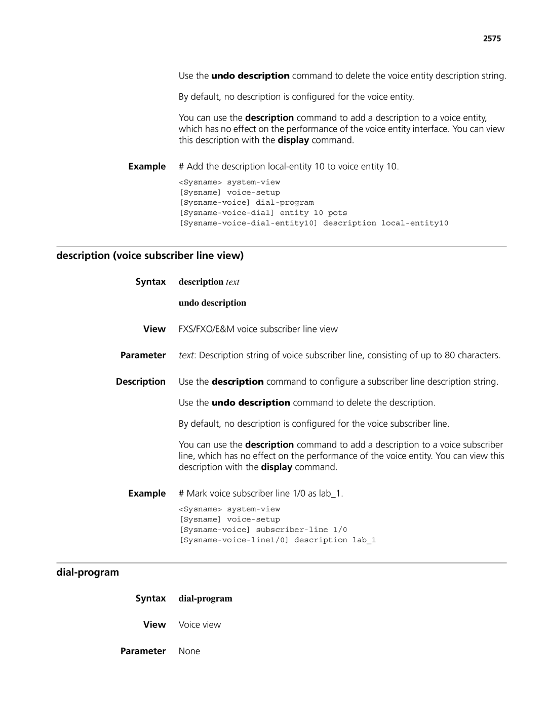 3Com MSR 50, MSR 30 manual Description voice subscriber line view, Dial-program, Syntax dial-program, View Voice view, 2575 