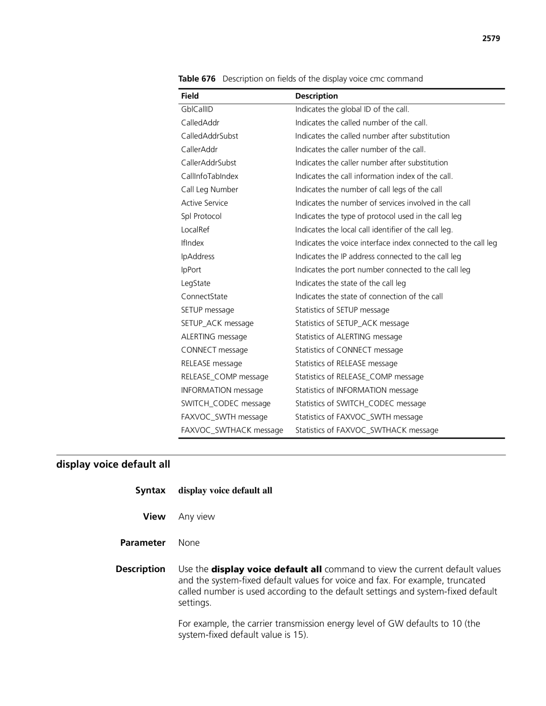 3Com MSR 50, MSR 30 manual Display voice default all, Syntax display voice default all, 2579 