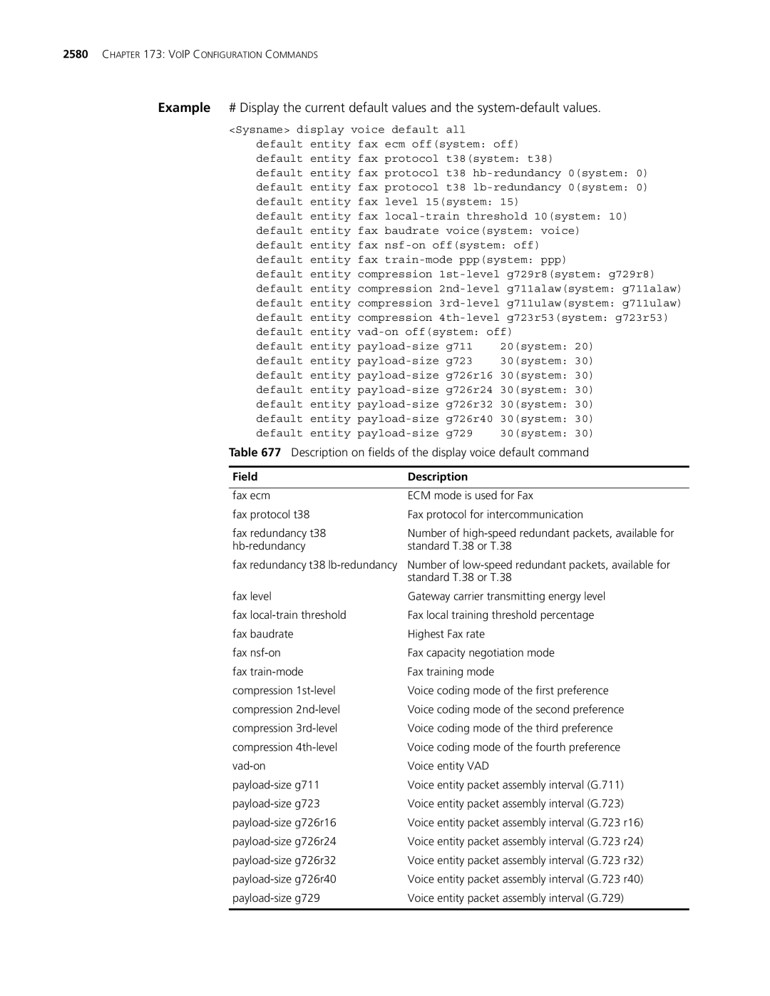 3Com MSR 30, MSR 50 manual Description on fields of the display voice default command, Field 