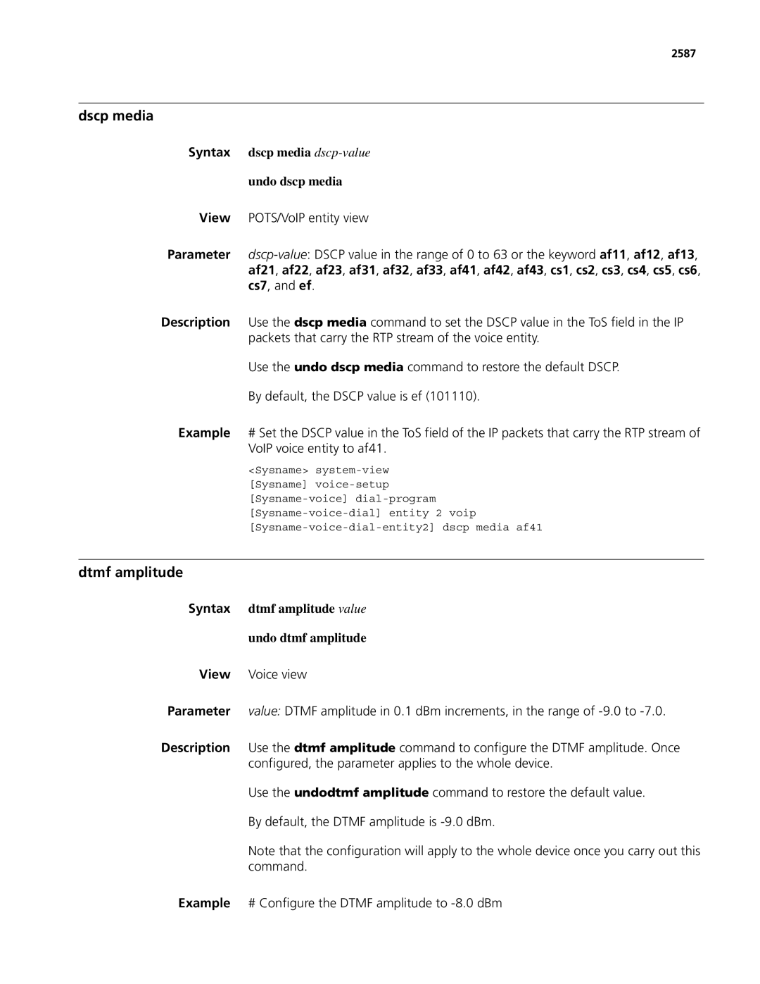 3Com MSR 50, MSR 30 manual Dscp media, Dtmf amplitude, Syntax dscp media dscp-value Undo dscp media, 2587 