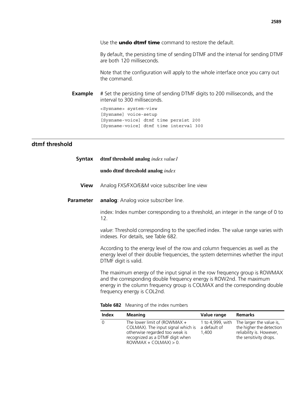 3Com MSR 50, MSR 30 Dtmf threshold, Meaning of the index numbers, 2589, Index Meaning Value range Remarks, Rowmax + Colmax 