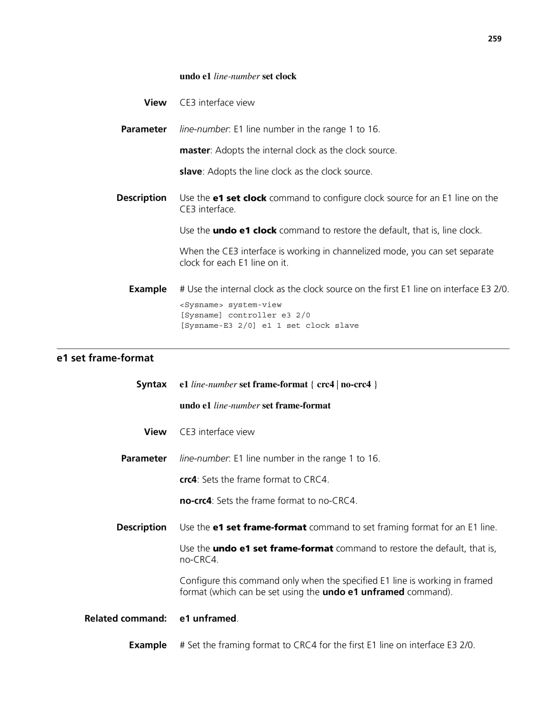 3Com MSR 50, MSR 30 manual E1 set frame-format, Undo e1 line-numberset clock, View CE3 interface view, 259 