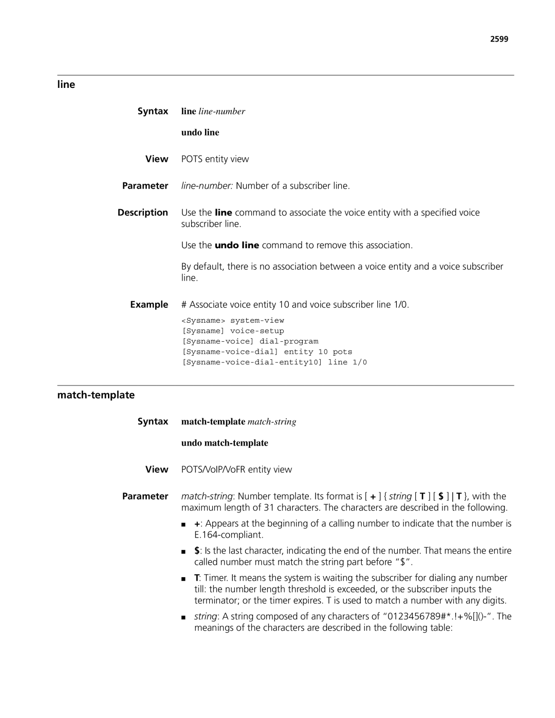 3Com MSR 50, MSR 30 manual Line, Match-template, Undo line, Syntax match-template match-string Undo match-template, 2599 