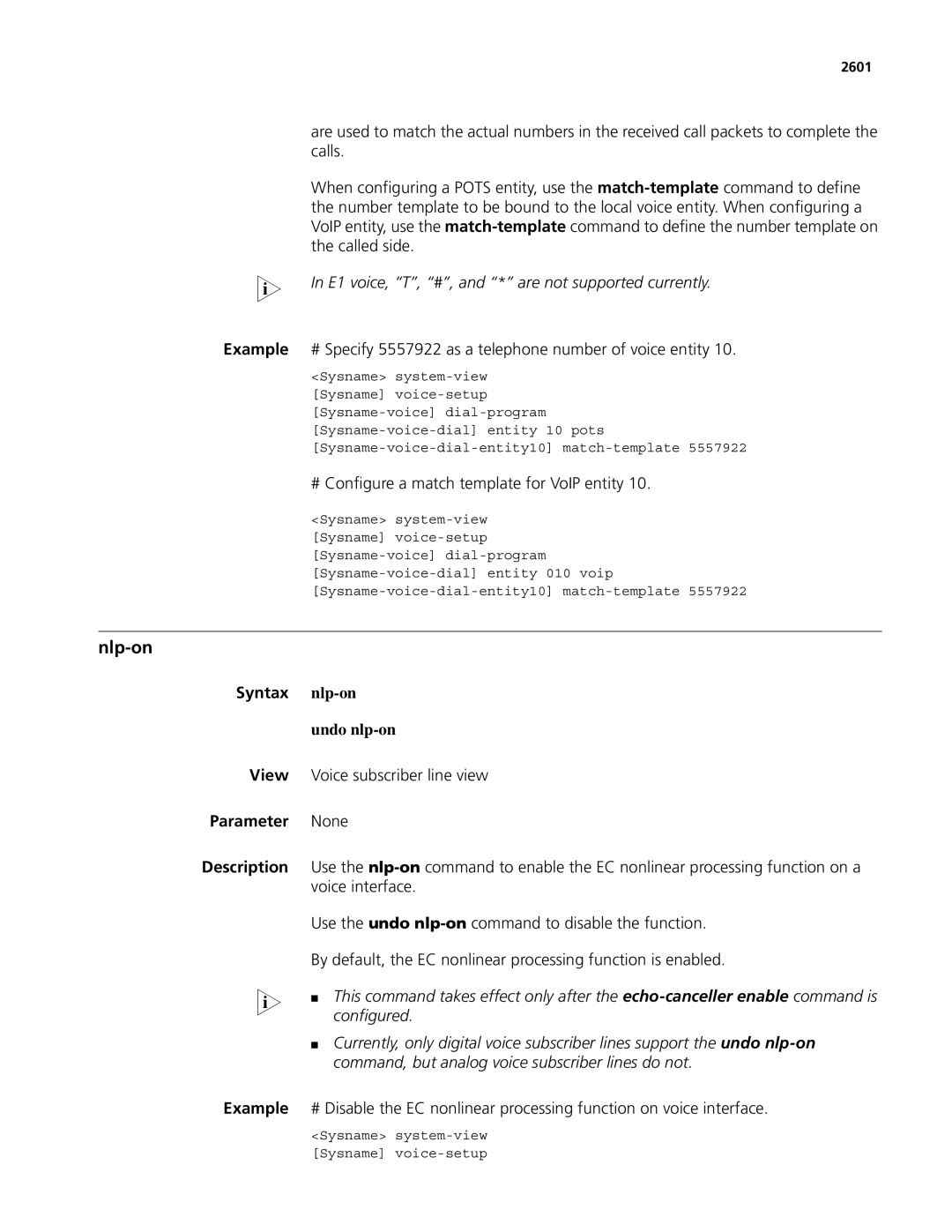 3Com MSR 50, MSR 30 manual Nlp-on, E1 voice, T, #, and * are not supported currently, Undo nlp-on 