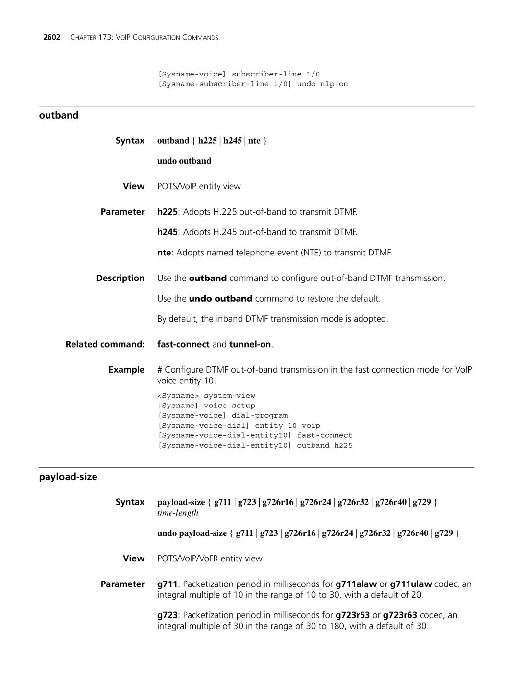 3Com MSR 30, MSR 50 manual Outband, Payload-size, Related command Fast-connectand tunnel-on Example 