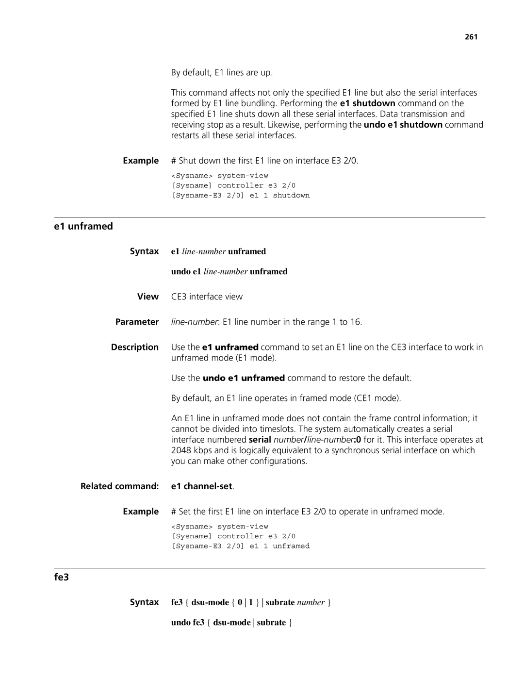 3Com MSR 50, MSR 30 manual E1 unframed, Fe3, Undo e1 line-numberunframed, Related command e1 channel-set, 261 