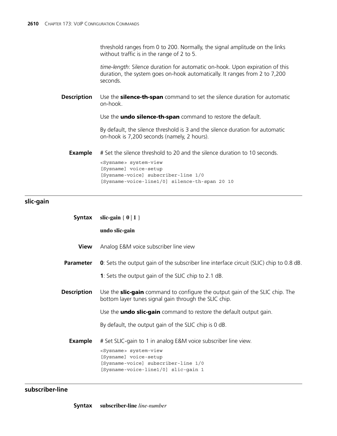 3Com MSR 30, MSR 50 manual Subscriber-line, Slic-gain 0, Undo slic-gain, Syntax subscriber-line line-number 