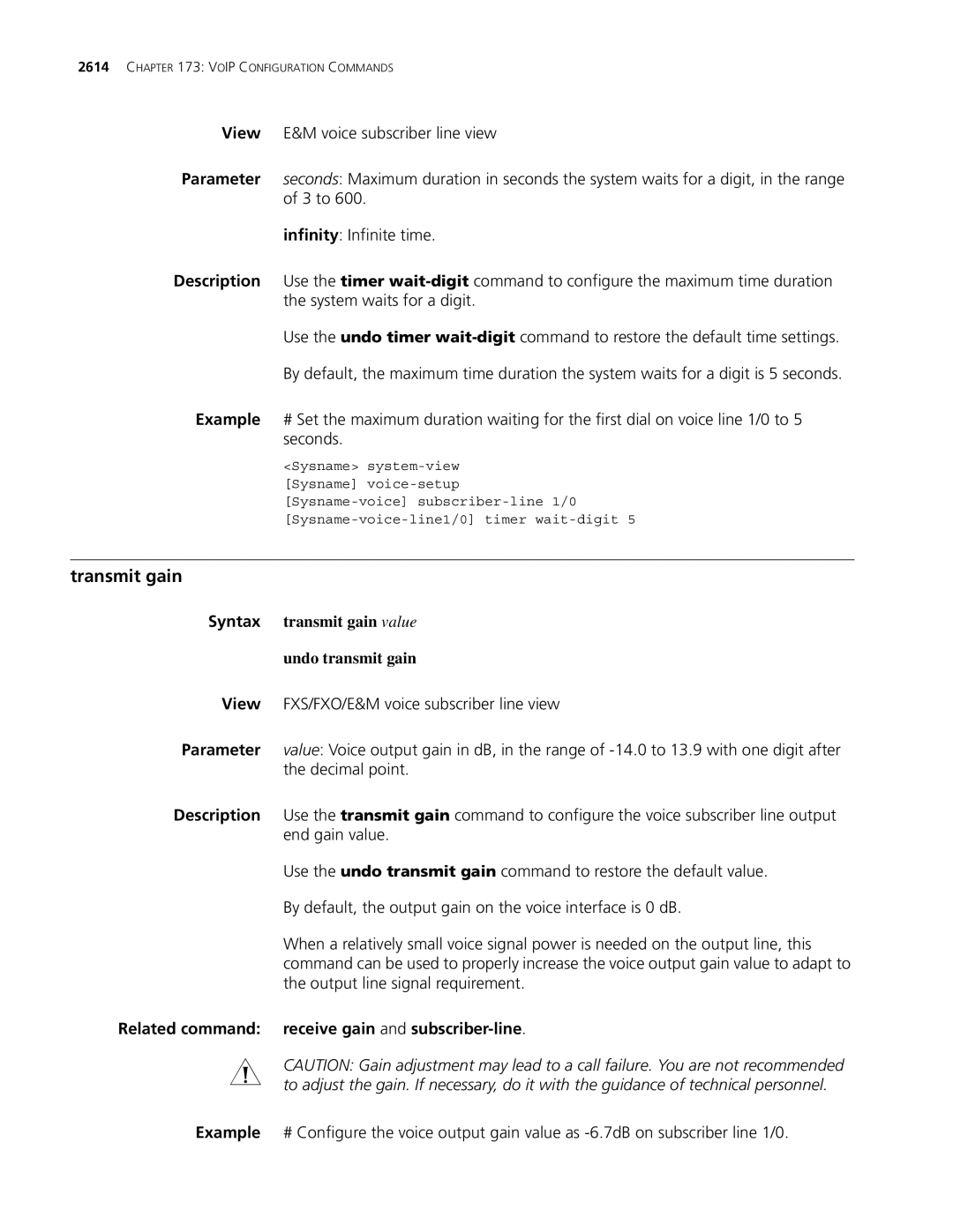 3Com MSR 30 Transmit gain, Syntax transmit gain value Undo transmit gain, Related command receive gain and subscriber-line 