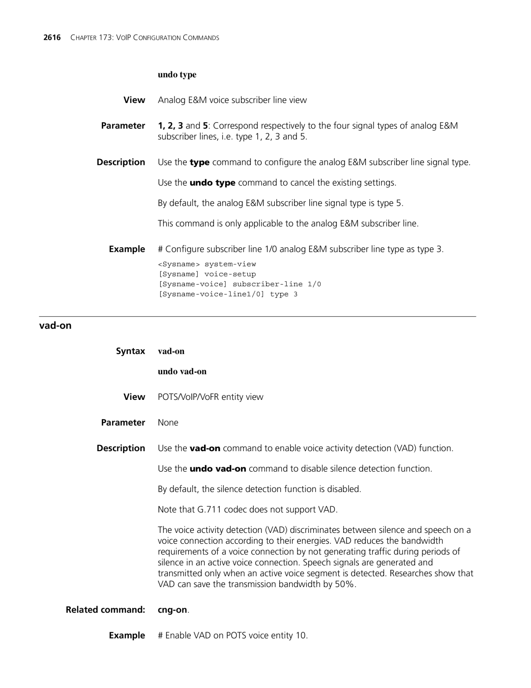 3Com MSR 30, MSR 50 manual Vad-on, Undo type, Syntax vad-on, Undo vad-on, Related command cng-on 