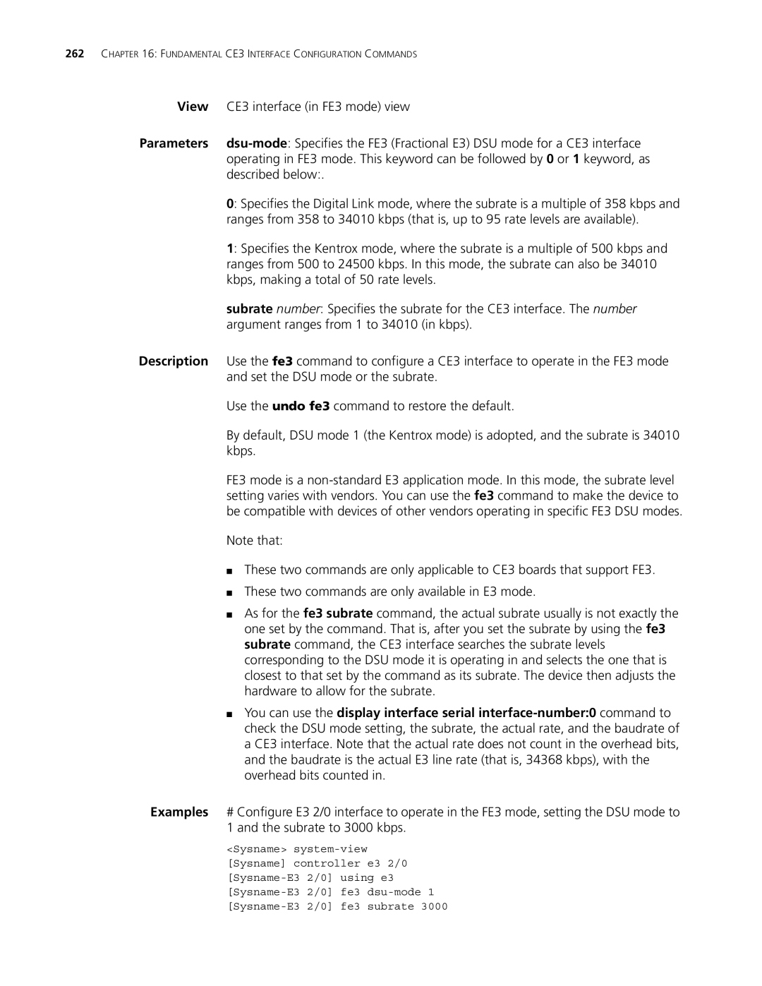 3Com MSR 30 CE3 interface in FE3 mode view, Described below, Kbps, making a total of 50 rate levels, Overhead bits counted 