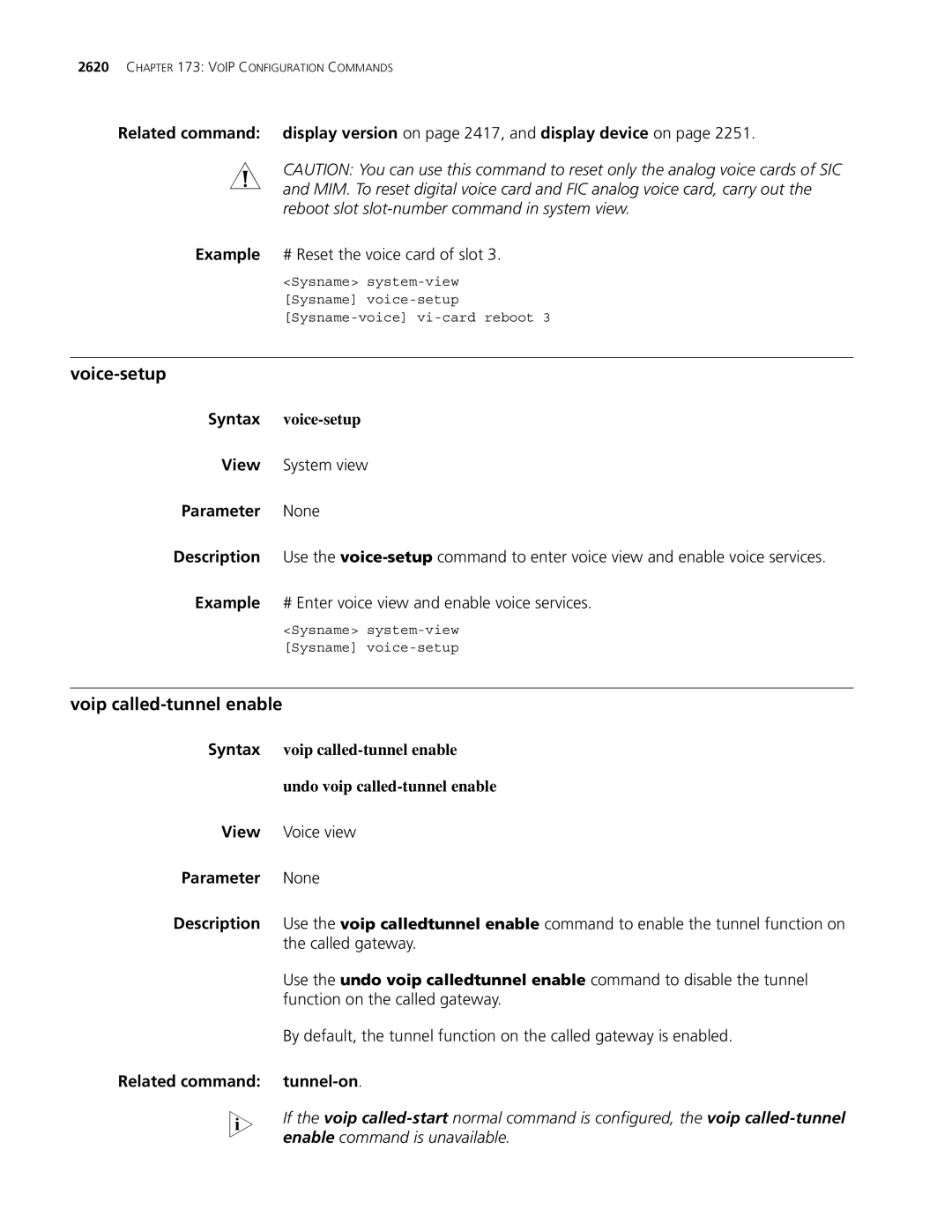 3Com MSR 30, MSR 50 Voice-setup, Voip called-tunnel enable, Example # Reset the voice card of slot, Syntax voice-setup 