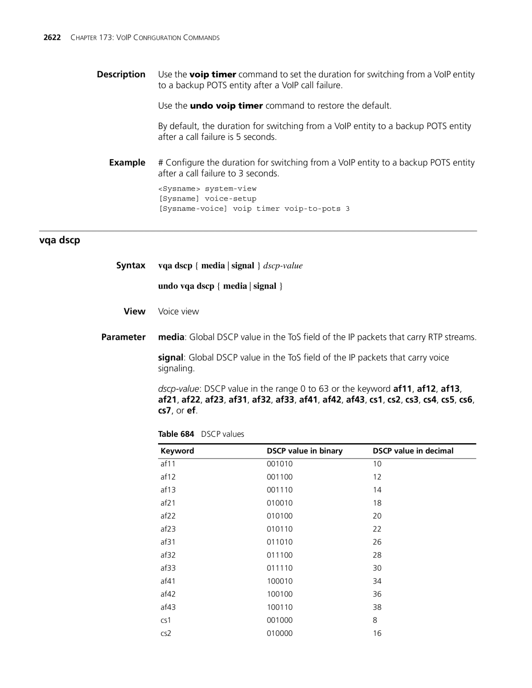 3Com MSR 30, MSR 50 manual Vqa dscp, Cs7, or ef, Dscp values, Keyword Dscp value in binary Dscp value in decimal 