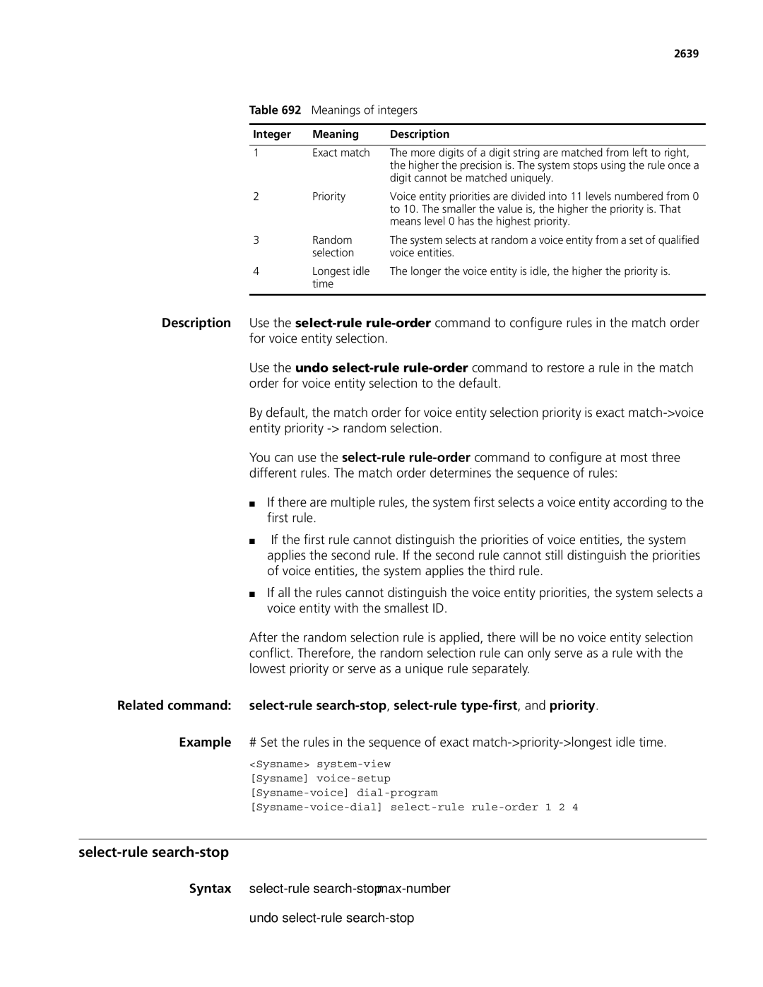 3Com MSR 50, MSR 30 manual Select-rule search-stop, Meanings of integers, 2639, Integer Meaning Description 