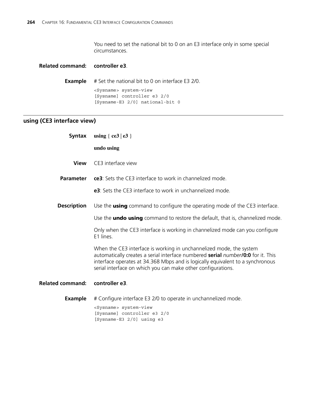 3Com MSR 30, MSR 50 manual Using CE3 interface view, Related command controller e3, Syntax using ce3 e3 Undo using 