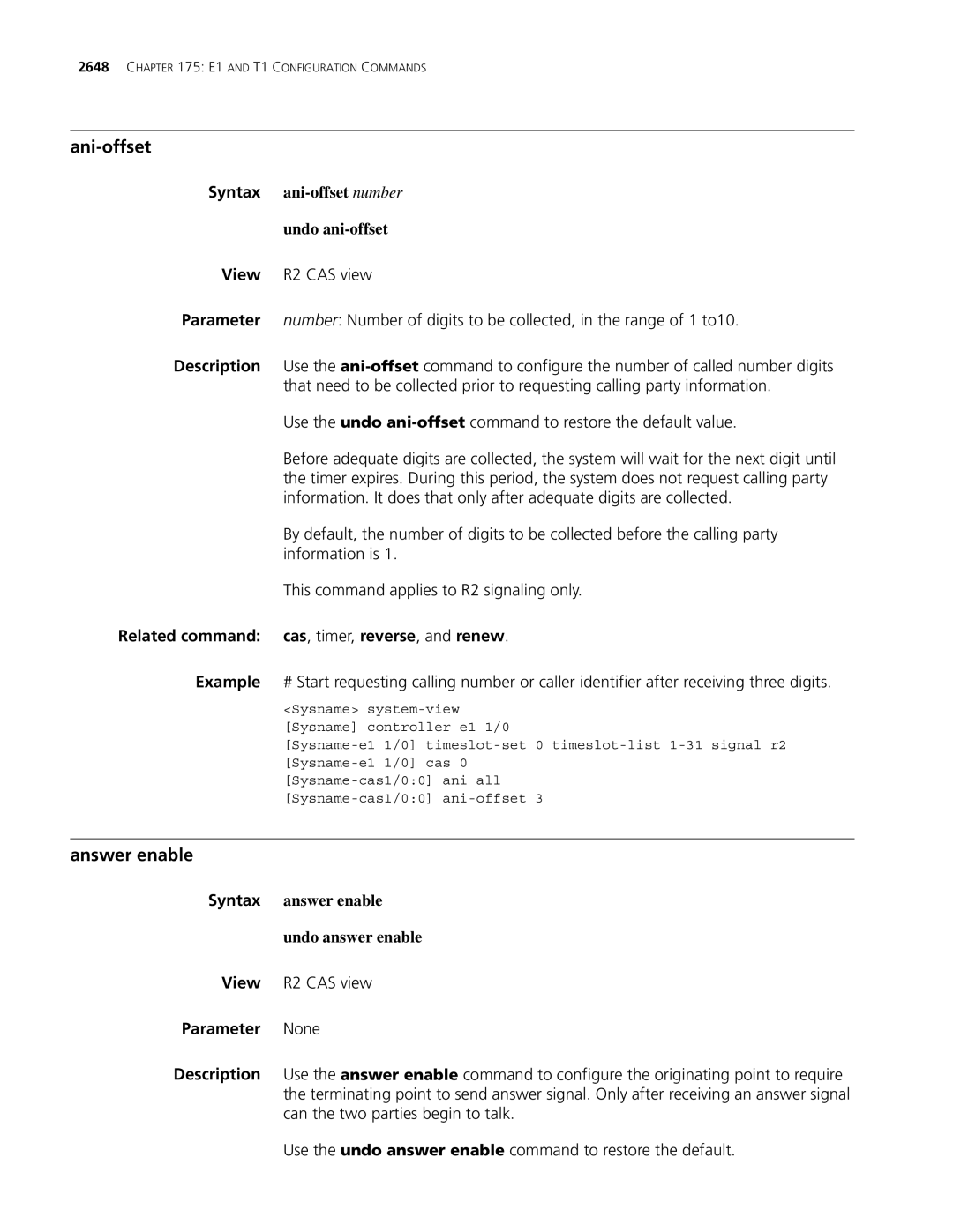 3Com MSR 30 Ani-offset, Answer enable, Syntax ani-offset number Undo ani-offset, Syntax answer enable Undo answer enable 