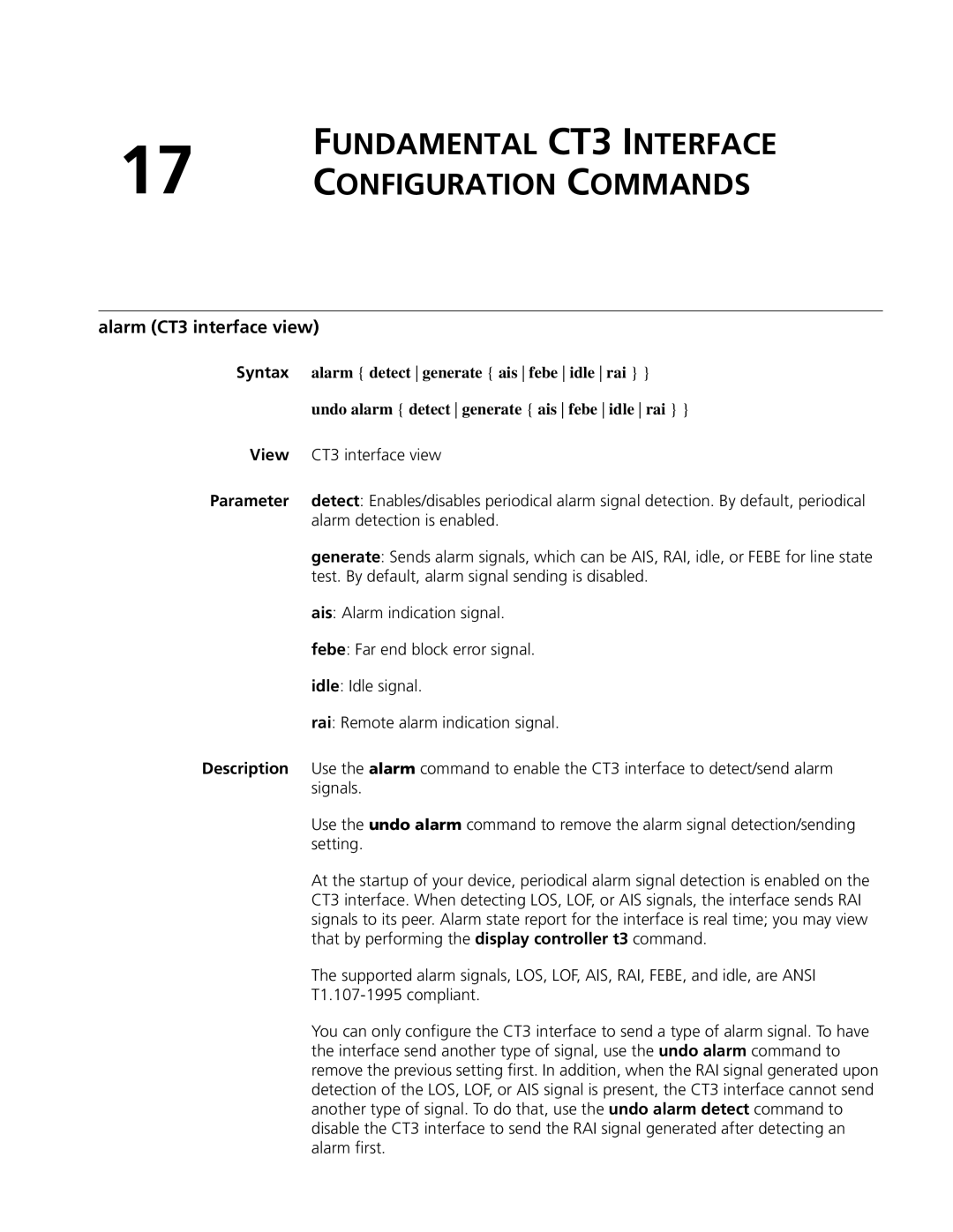 3Com MSR 50, MSR 30 manual Fundamental CT3 Interface Configuration Commands, Alarm CT3 interface view 