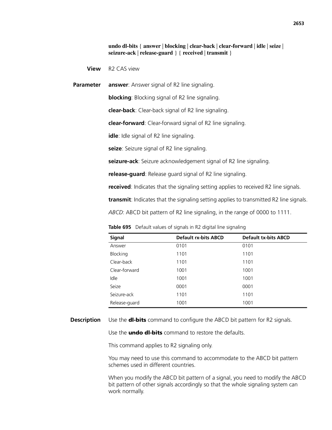 3Com MSR 50 Default values of signals in R2 digital line signaling, 2653, Signal Default rx-bits Abcd Default tx-bits Abcd 