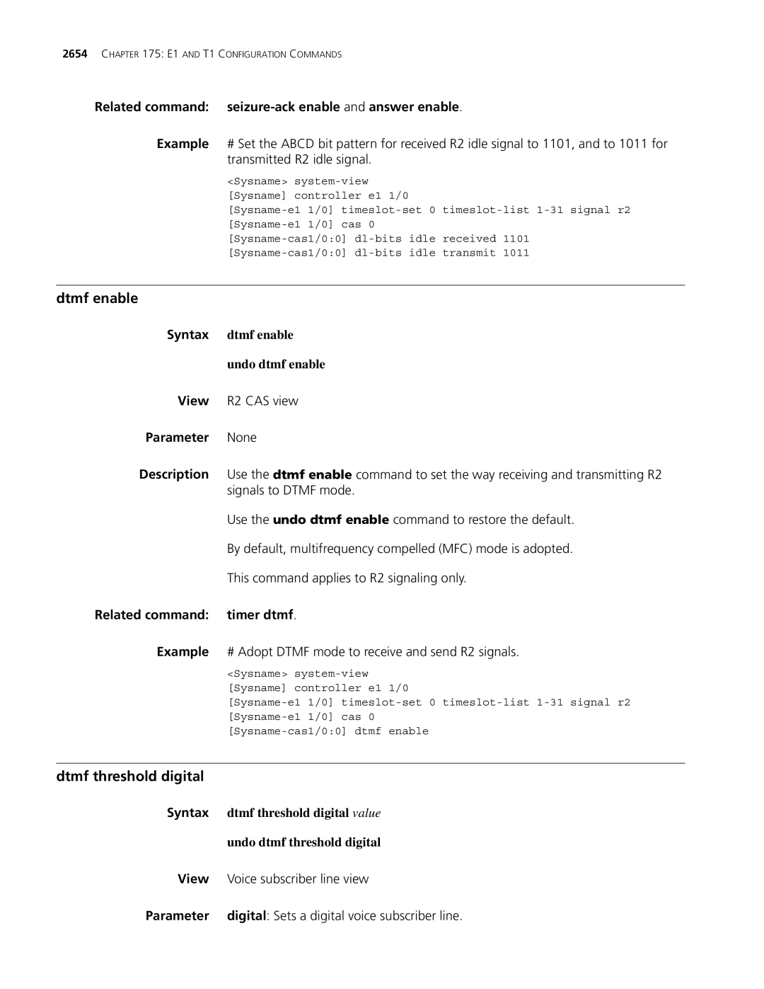 3Com MSR 30, MSR 50 manual Dtmf enable, Dtmf threshold digital, Related command seizure-ack enable and answer enable 