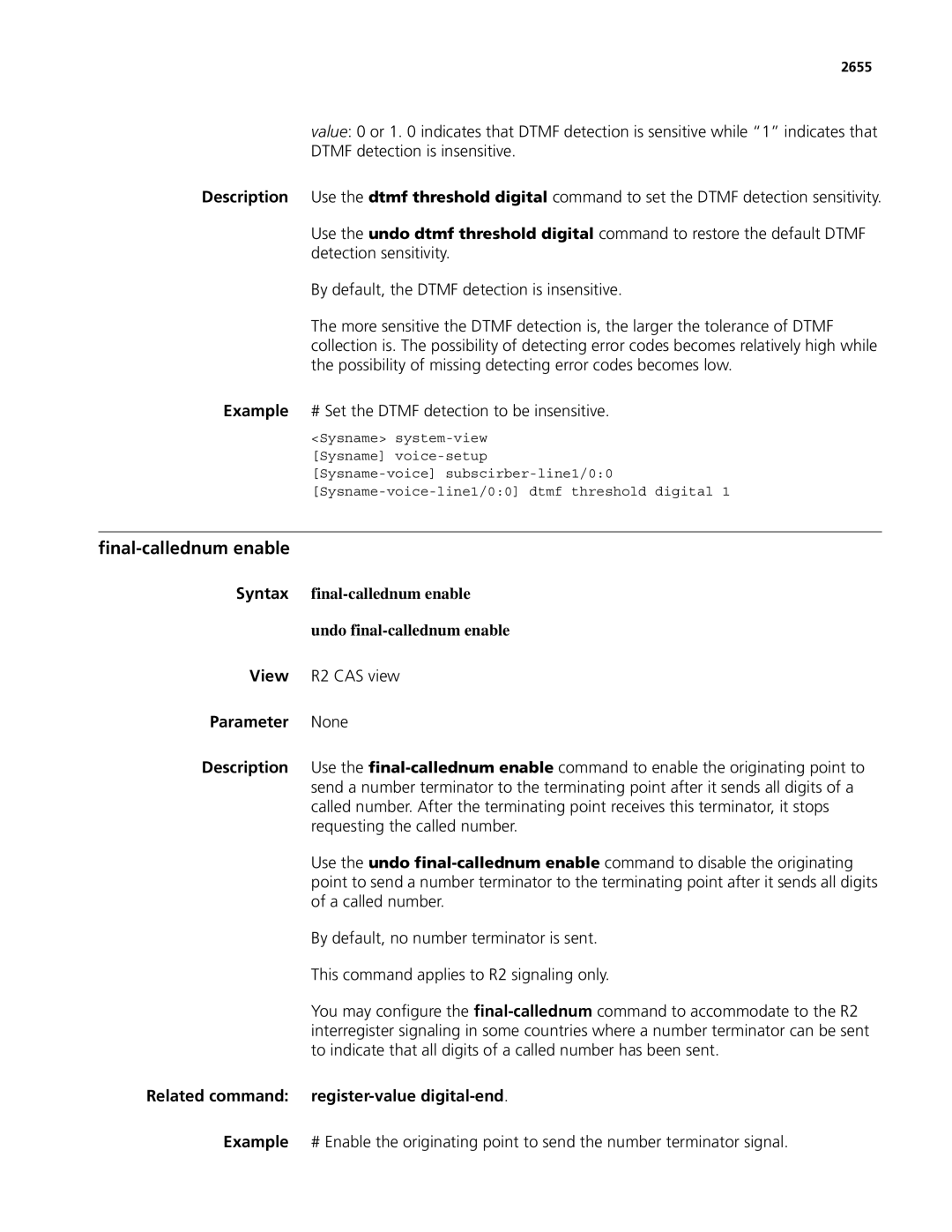 3Com MSR 50, MSR 30 manual Final-callednum enable, Syntax final-callednum enable Undo final-callednum enable, 2655 