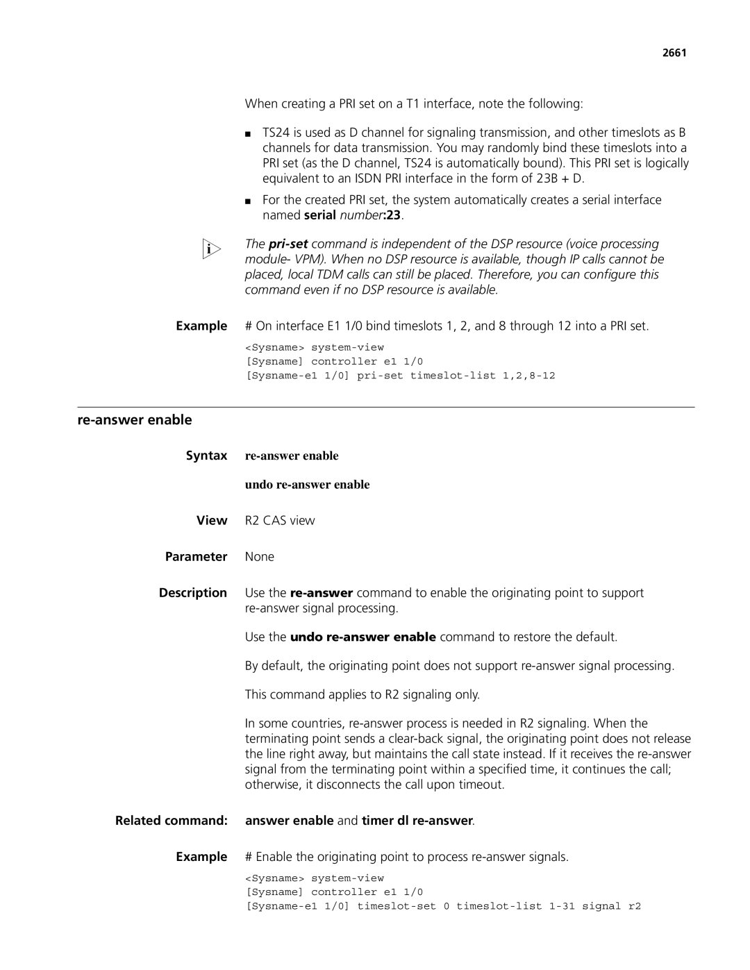 3Com MSR 50, MSR 30 manual Re-answer enable, Syntax re-answer enable Undo re-answer enable, 2661 