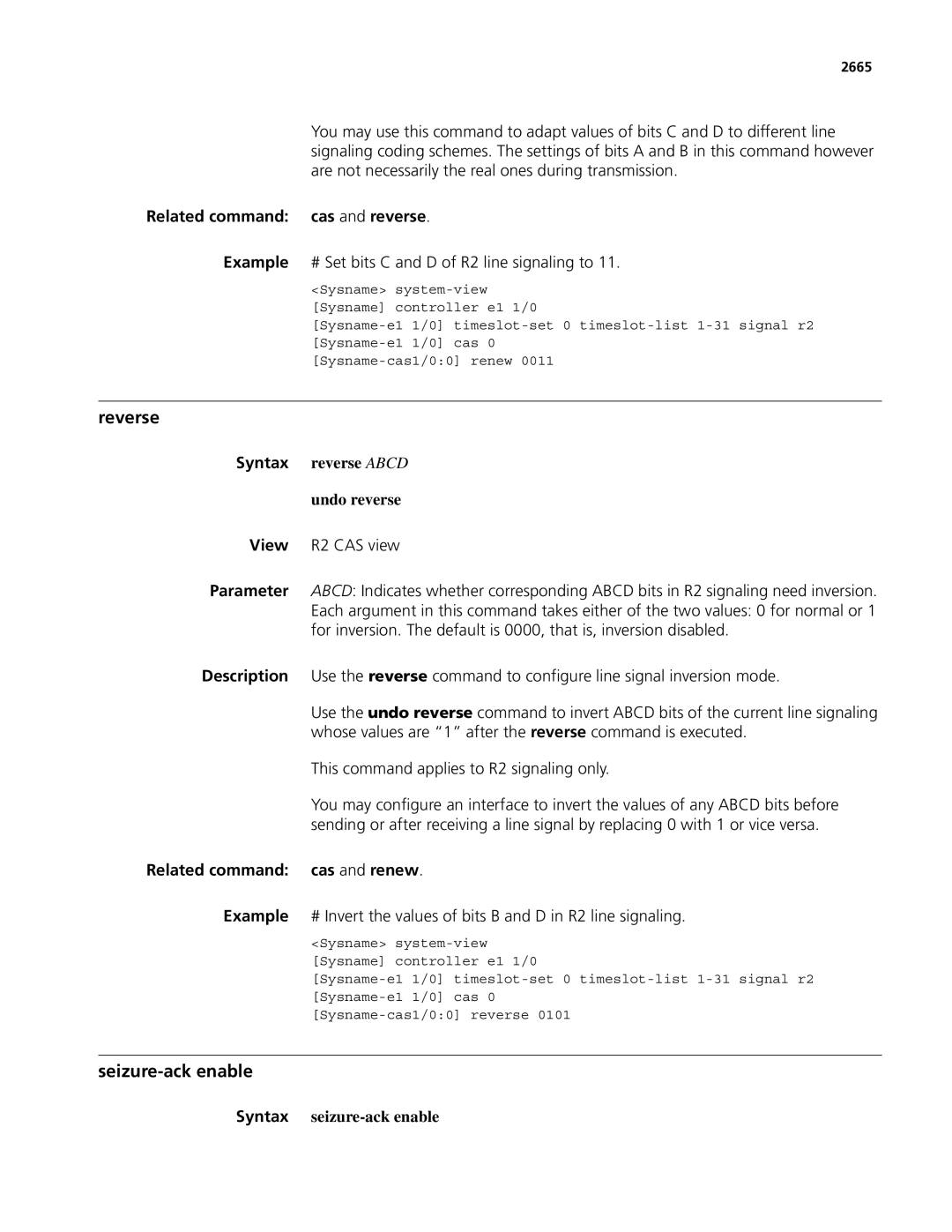 3Com MSR 50, MSR 30 manual Reverse, Seizure-ack enable, Related command cas and reverse, Related command cas and renew 