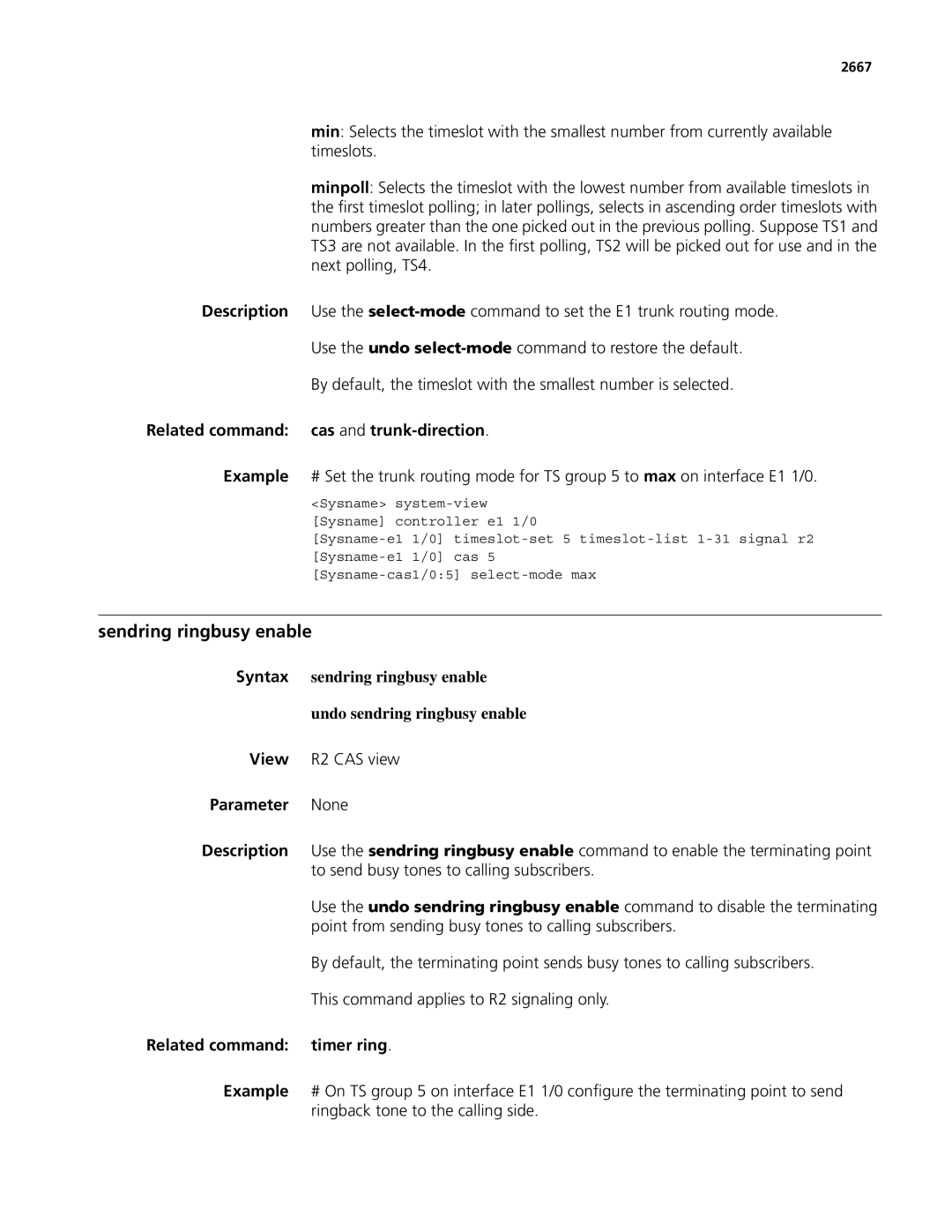 3Com MSR 50, MSR 30 Sendring ringbusy enable, Related command cas and trunk-direction, Related command timer ring, 2667 