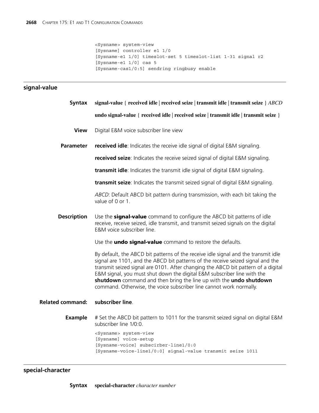 3Com MSR 30, MSR 50 manual Signal-value, Special-character, Related command Subscriber line Example 