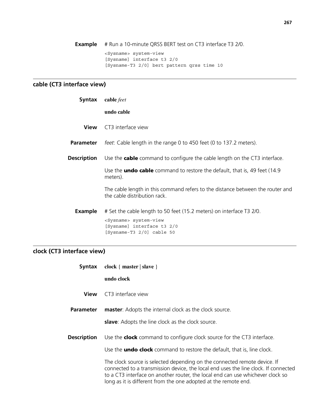 3Com MSR 50, MSR 30 manual Cable CT3 interface view, Clock CT3 interface view, Syntax cable feet, 267 