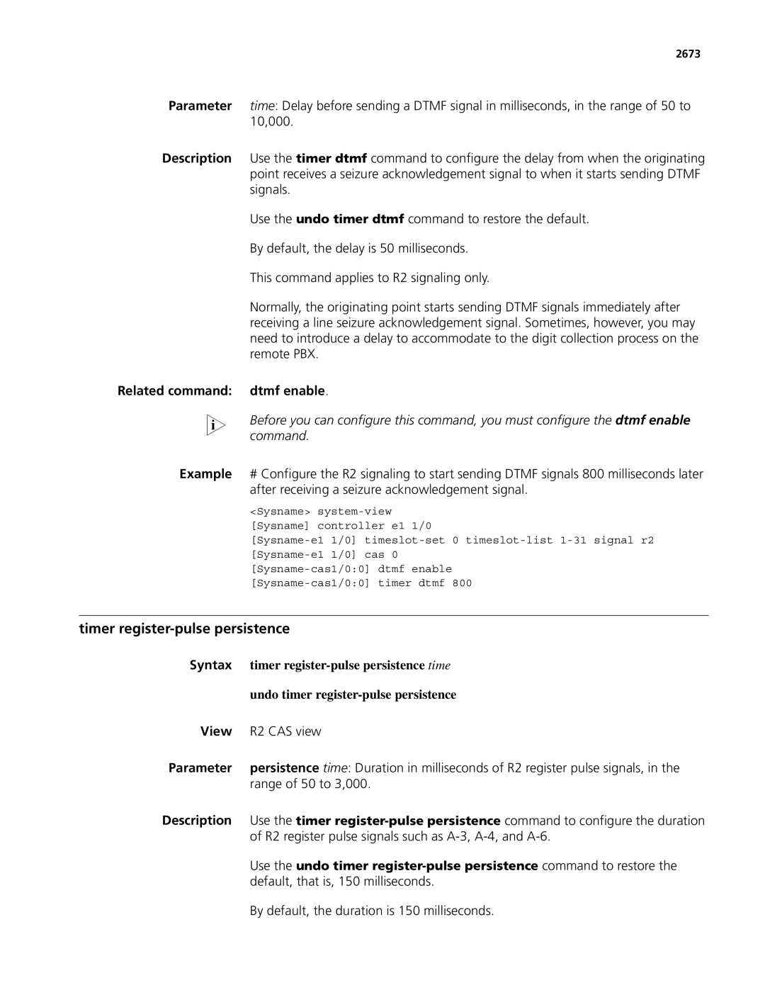 3Com MSR 50 Related command dtmf enable, Timer register-pulse persistence time, Undo timer register-pulse persistence 