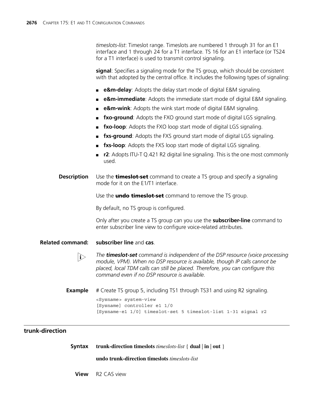 3Com MSR 30, MSR 50 manual Trunk-direction, Related command subscriber line and cas 