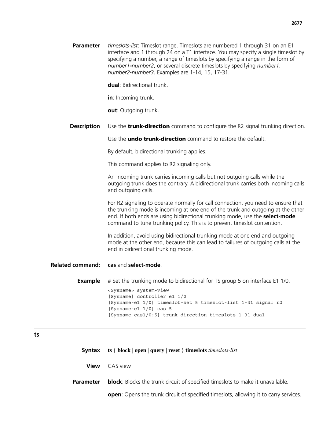 3Com MSR 50 manual Related command cas and select-mode, Ts block open query reset timeslots timeslots-list, CAS view, 2677 