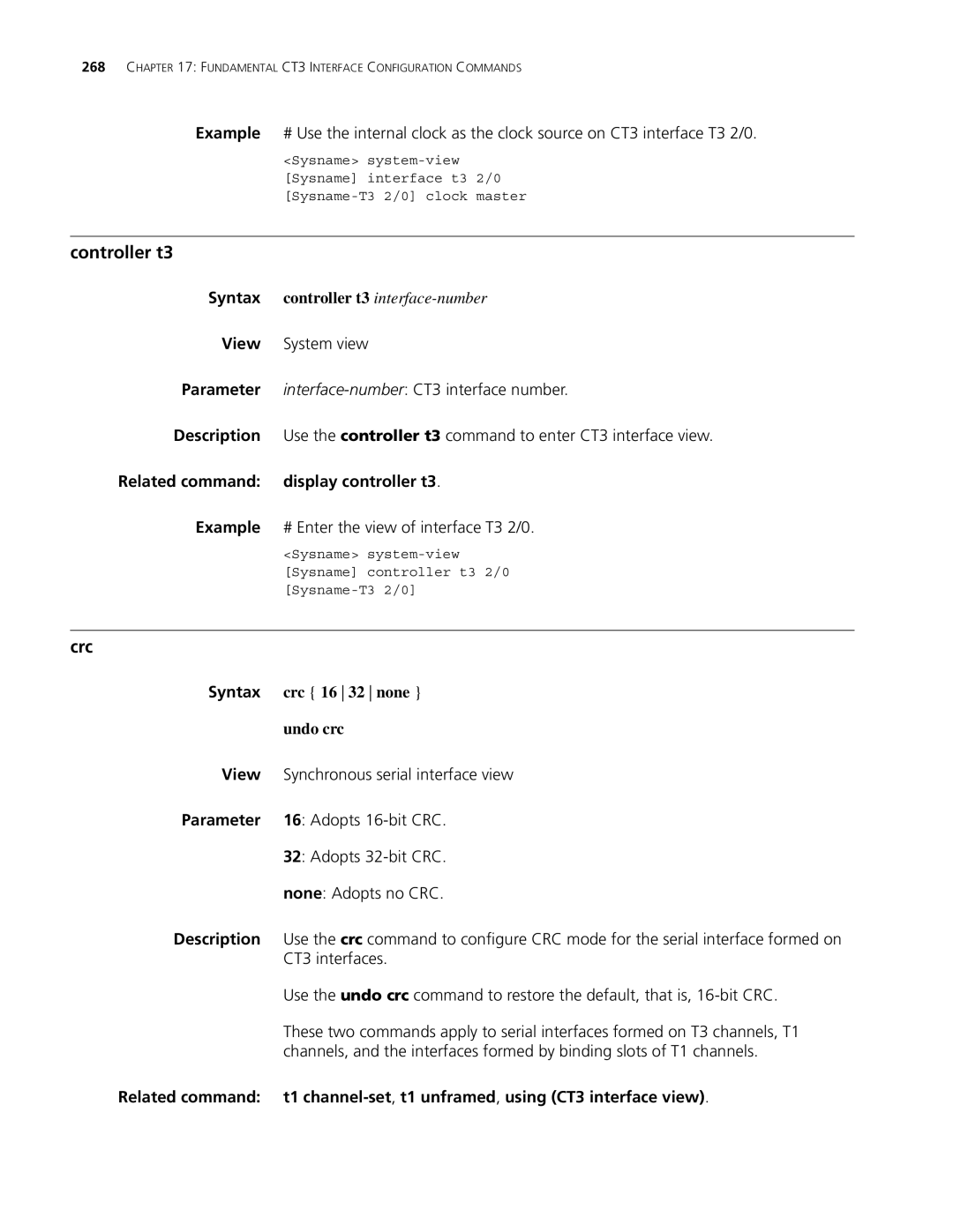 3Com MSR 30, MSR 50 Controller t3, Related command display controller t3, Example # Enter the view of interface T3 2/0 