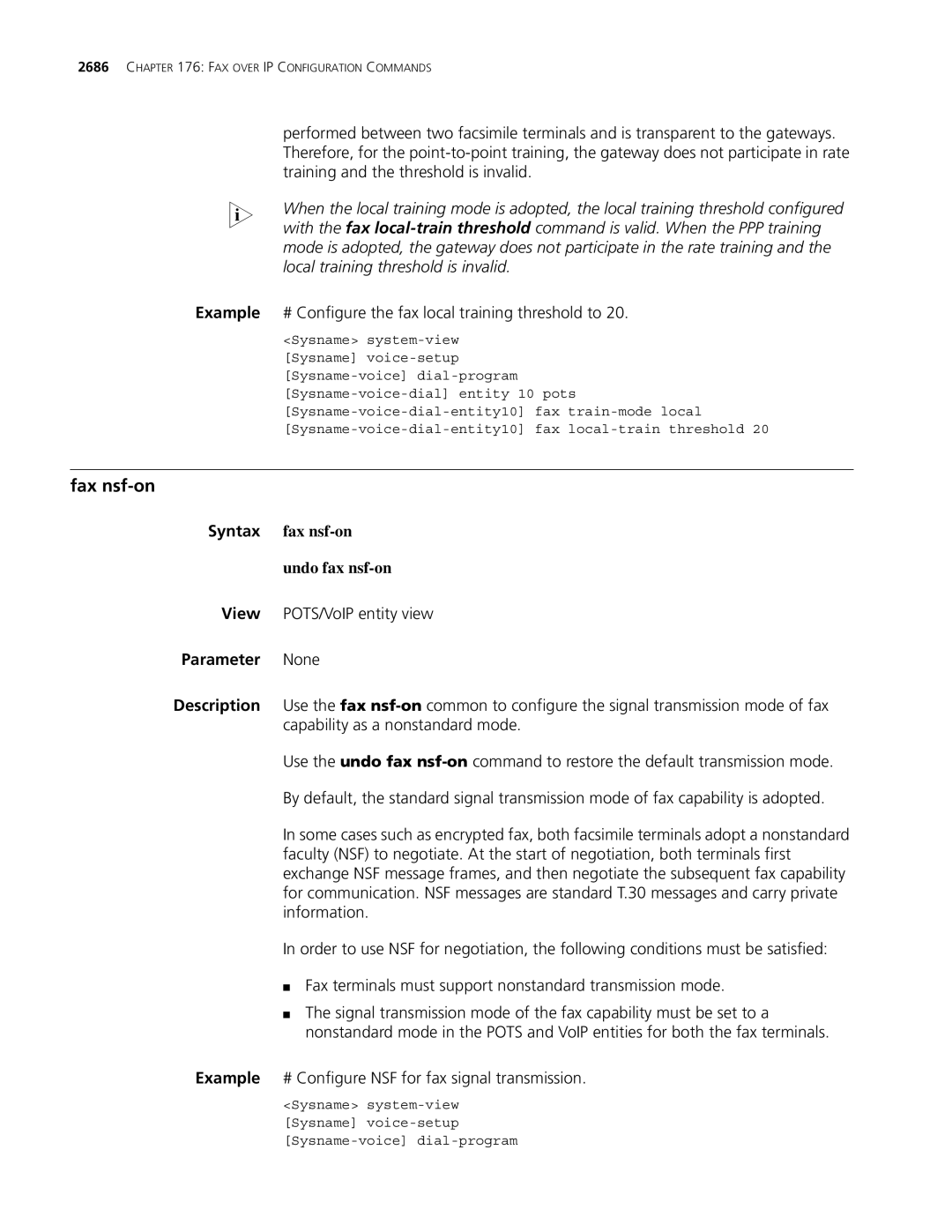 3Com MSR 30, MSR 50 Fax nsf-on, Example # Configure the fax local training threshold to, Syntax fax nsf-on Undo fax nsf-on 