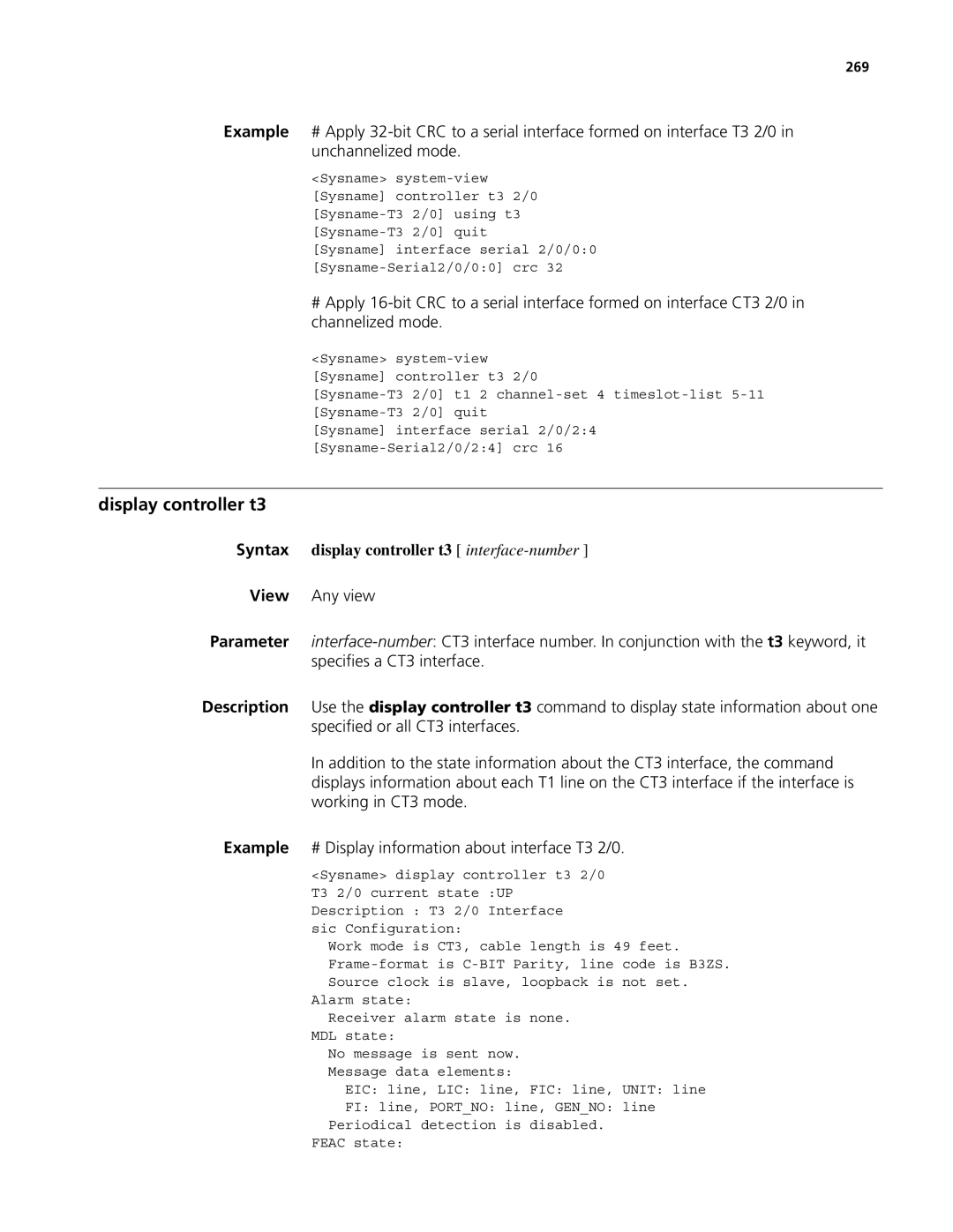 3Com MSR 50, MSR 30 manual Display controller t3, Syntax display controller t3 interface-number, 269 
