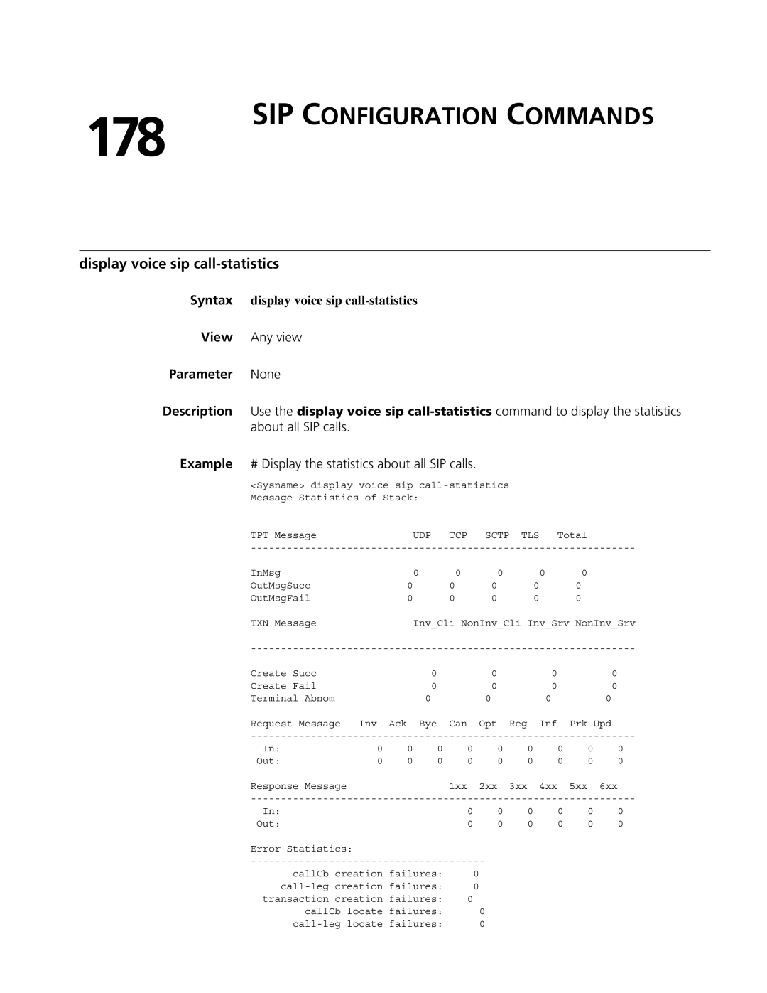 3Com MSR 50 178, SIP Configuration Commands, Display voice sip call-statistics, Syntax display voice sip call-statistics 