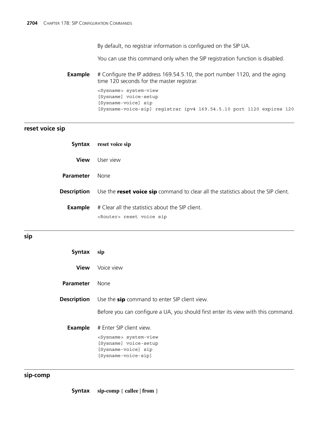 3Com MSR 30, MSR 50 manual Reset voice sip, Sip-comp, Syntax sip 