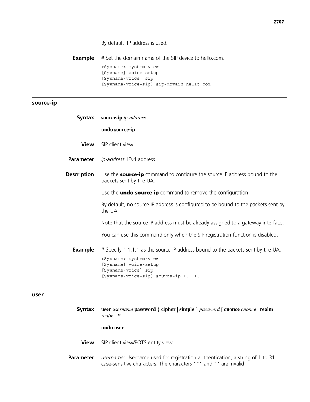 3Com MSR 50, MSR 30 manual Source-ip, Syntax source-ip ip-address Undo source-ip, 2707 