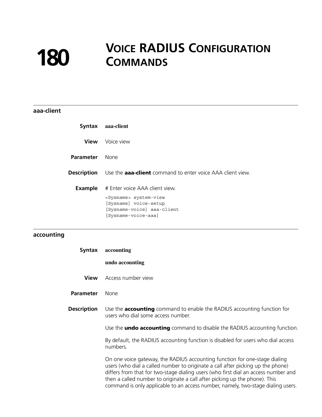 3Com MSR 50, MSR 30 manual Voice Radius Configuration Commands, Aaa-client, Accounting, Syntax aaa-client 