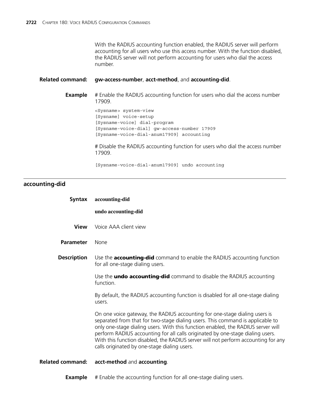 3Com MSR 30, MSR 50 manual Accounting-did, Syntax accounting-did Undo accounting-did, View Voice AAA client view 