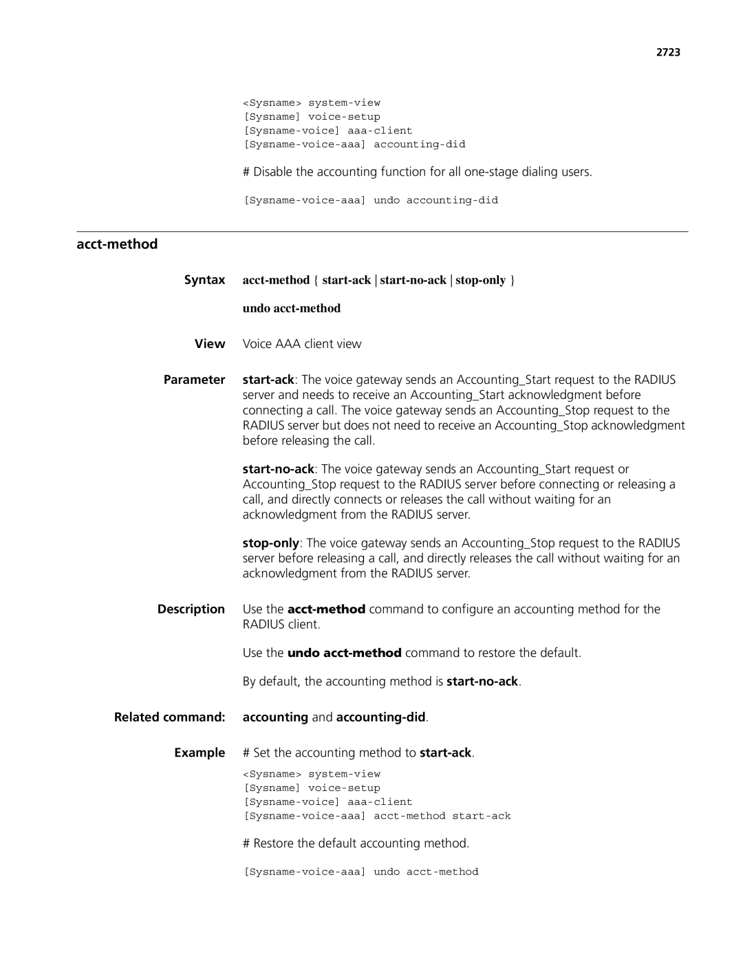 3Com MSR 50 Acct-method, Related command accounting and accounting-did, Example # Set the accounting method to start-ack 