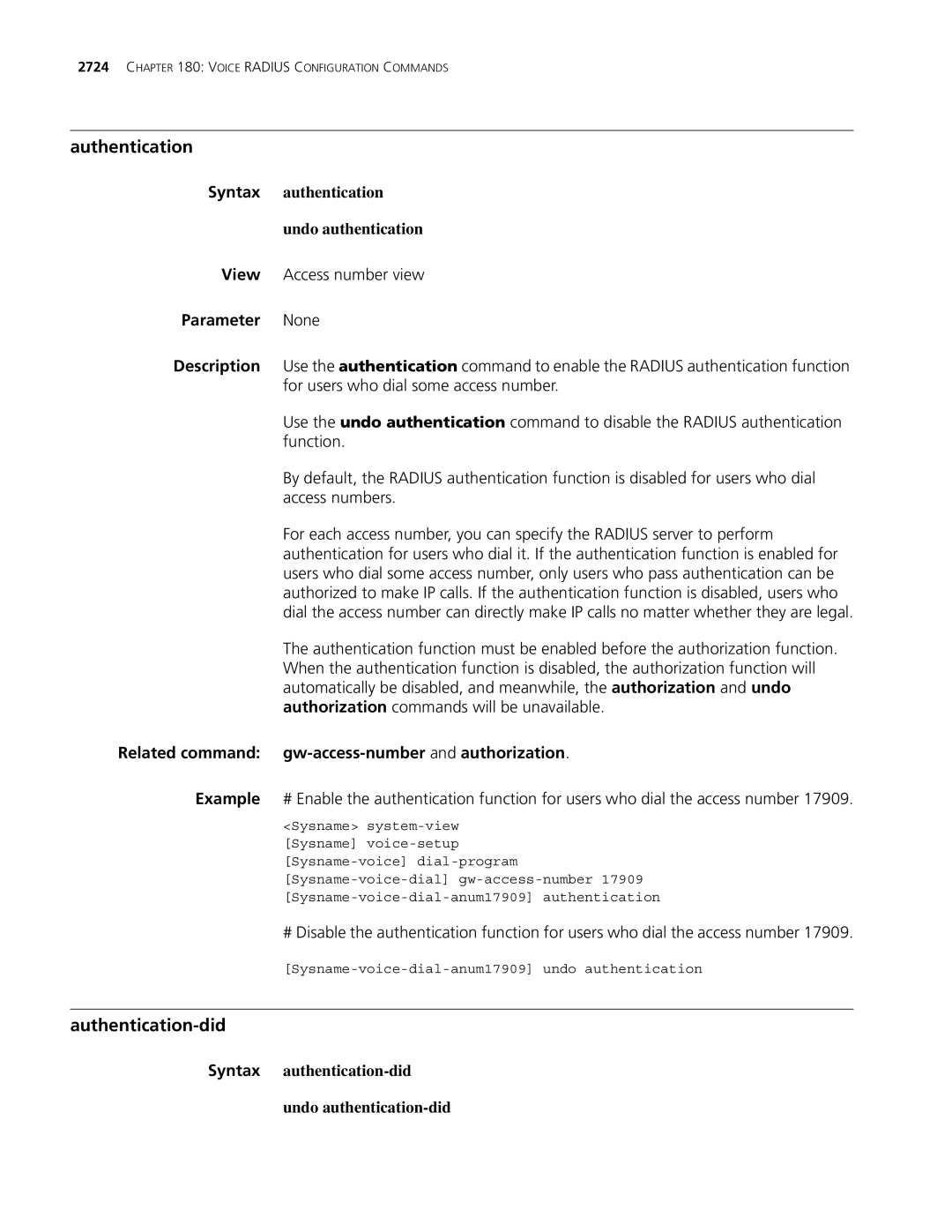 3Com MSR 30, MSR 50 manual Authentication-did, Syntax authentication Undo authentication 